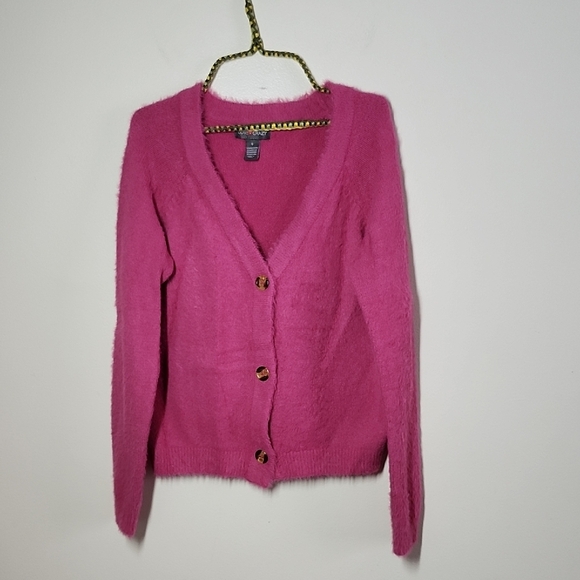 Love Crazy Fuzzy Pink 3 Button Cardigan Sweater Barbie Preppy Cozy Small - Picture 1 of 7